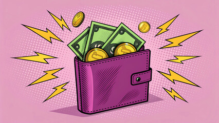 Wallet with Money and Coins in a Retro Comic Book Style. Vector of Financial Power and Earning with Lightning Bolts
