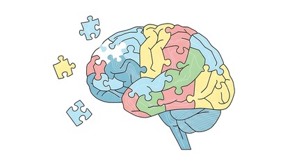 Illustration of a human brain formed from colorful jigsaw puzzle pieces, with some pieces floating away, symbolizing memory loss or cognitive function.