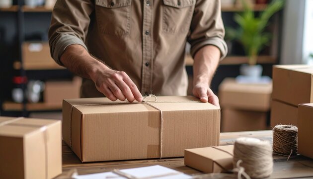 A person is tying a cardboard package with a string