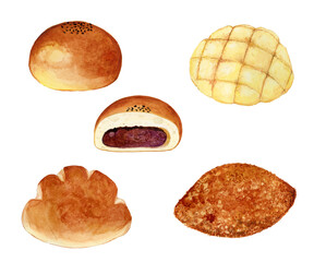 手描き水彩昔ながらのパンセット / Hand-painted Watercolor Traditional Japanese Bread Set