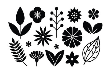 Black and White Botanical Illustration of Flowers, Leaves, and Berries on a White Background