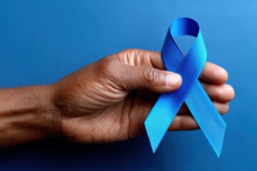 Close up of hand holding blue ribbon, representing prostate cancer awareness and men's health, on blue background