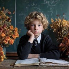 Photo of a boy in a school uniform sitting behind a desk against the background of flowers and a school green board. September 1 is Knowledge Day