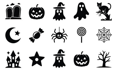 A festive set of spooky Halloween icons, with pumpkins, bats, cats, ghosts, and witches illustrated in a colorful cartoon style