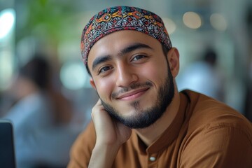 Close-up photo of a smiling young Muslim man in a bib and brown shirt sitting in the office, looking thoughtfully at his laptop screen, resting his chin on his hand, reflecting, Generative AI