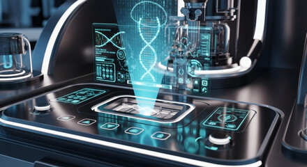 Futuristic laboratory equipment displaying a holographic DNA helix and scientific data on a sleek, illuminated console.