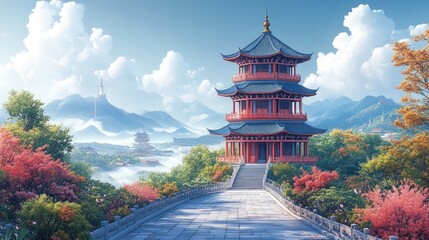 Asian Pagoda in Misty Landscape