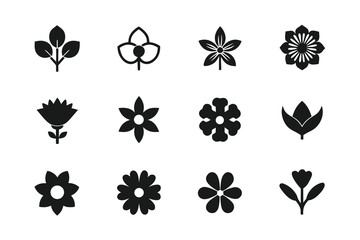 Black and White Set of Various Floral and Leaf Icon Designs Flat Style