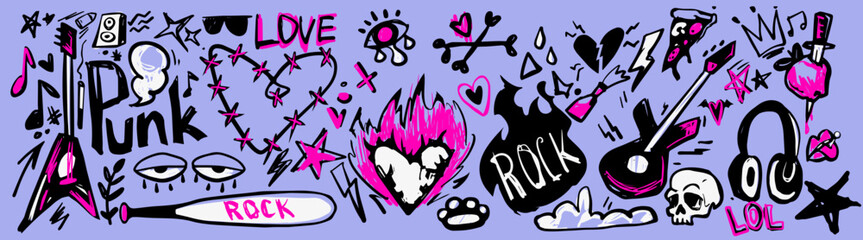 Punk rock doodle graphics with skull and guitar, hearts, lightning and love text for rebellious design. Edgy graffiti elements with flames, stars and music notes for alternative posters or street art.