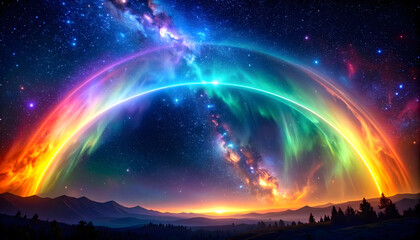 Fototapeta premium Vibrant Rainbow Aurora Over Milky Way Galaxy at Sunset