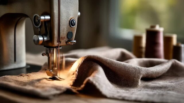A sewing machine is sitting on a table with a piece of fabric. The machine is turned on. Closeup sewing machine stitching natural linen fabric, sustainable fashion practices, warm muted background