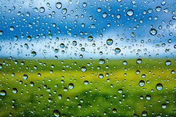 Obraz premium Close Up View Of Rain Drops On Glass Windowpane Over Blurred Landscape
