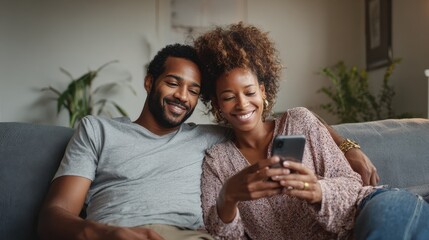 mid adult man relaxing on sofa and showing new app to african american wife on cellphone middle eastern man and woman sitting on couch at home and using mobile phone to do a video call with family no