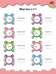 What time is it? What is the time? Telling time, Time worksheet, Time learning worksheet for children, Learn to tell time, Worksheet for preschool kids