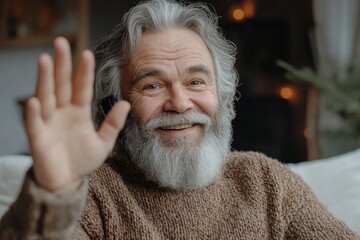 Close up photo of an older gray haired man with a bear, Generative AI