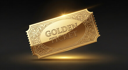 Shiny golden ticket with embossed GOLDEN TICKET text ornate swirling patterns and a serrated edge.