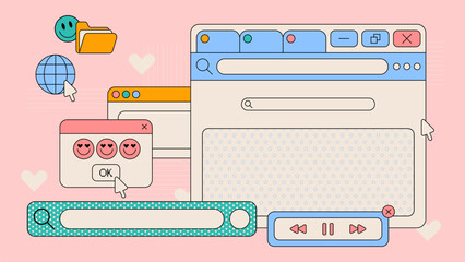 Retro ui interface set with browser windows, popup dialog and media controls for web design. Globe icon with cursor, folder element and smiling emoticons with playback buttons on pink background.