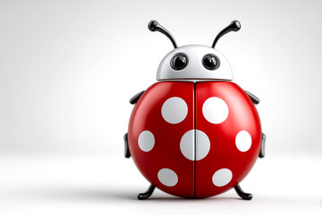 A stylized ladybug with a glossy red shell and white polka dots, featuring a cartoonish design and large eyes.