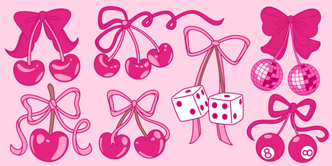 Decorative cherry elements with y2k coquette ribbons and bows for girly aesthetic designs. Glossy fruit pairs, disco balls with dice and billiard spheres tied by knots for nostalgic fashion graphics