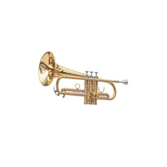 Obraz premium Golden brass trumpet, a shiny wind instrument, isolated on a white background
