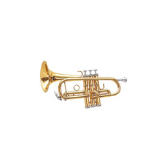 Fototapeta premium Golden brass trumpet, a shiny wind instrument, isolated on a white background