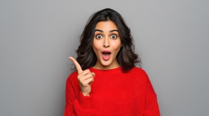amazed young happy indian girl student lady shopper professional excited face looking at camera pointing finger at copy space surprised by shopping sale offer isolated on gray studio background no lo