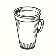 Detailed sketch of a ceramic mug brimming with liquid and slight foam stands alone