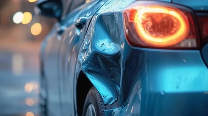 Person inspecting dented car after accident