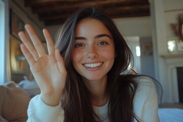 Close-up portrait of smiling young brunette woman at home, talking to the camera on a video call, recording an online conversation, greeting, and waving with enthusiasm, Generative AI