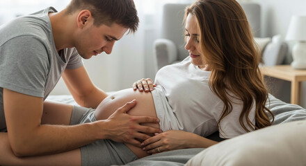 Pregnant woman with partner on sofa touching belly at home. Intimate maternity moment for prenatal bonding and family lifestyle documentation services