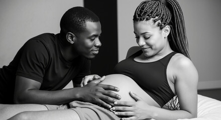African american pregnant woman with partner in monochrome studio portrait. Diverse maternity session for multicultural family planning and prenatal care services