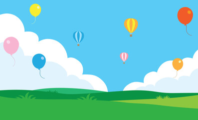Flying balloons and hot air balloons over meadow background, vector illustration