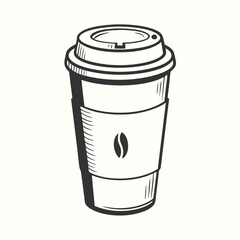Monochrome sketch presents a paper coffee cup sealed with a plastic lid for use