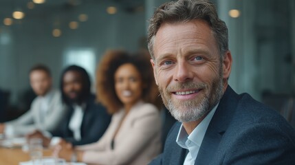 male caucasian executive ceo businessman leader with diverse partners team managers group at meeting multicultural professional businesspeople working together on business sales plan in boardroom no 