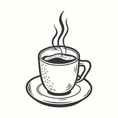 A monochrome cup of hot coffee on a saucer emits swirling steam