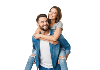 Happy young couple in love enjoying a piggyback ride, smiling and embracing each other, isolated on transparent background