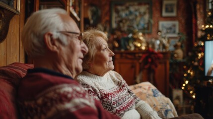 side view of senior couple indoors at home at christmas having video call with family no logos no brands ar 169