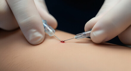 Close-up of gloved hands carefully drawing blood from a person's arm with a needle and syringe for medical testing.