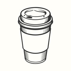 Monochrome sketch displays a disposable coffee cup with lid and sleeve details