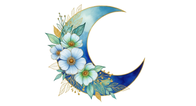 Crescent moon with blue flowers and golden leaves isolated PNG with Transparent Background