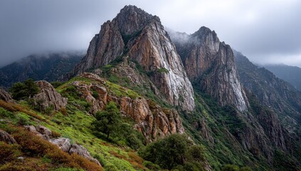 Rocky Peak Under Cloudy Sky