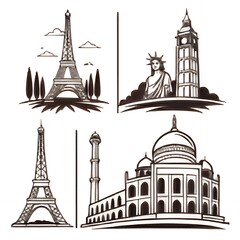 Collection of famous world landmarks sketched in black and white ink