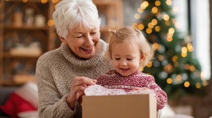 christmas holidays and family concept happy grandmother and baby granddaughter opening gift box at home no logos no brands ar 169
