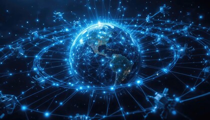 An abstract, glowing blue network of interconnected lines and nodes forming a circular, planet-like structure against a dark background.