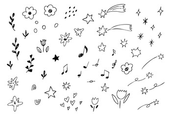 手描きのあしらいの漫符イラスト アイコンセット(モノクロ)