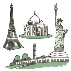 Collection of famous world landmarks hand drawn sketch style
