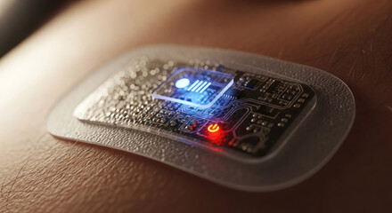 Close-up of a futuristic wearable biosensor patch with glowing blue and red indicator lights attached to skin.