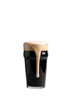 Clean nonic pint glass with rich dark Irish stout, thick cascading beige head, on dark slate coaster, high-key minimalist studio, transparent background, no shadows. Premium beverage advertising