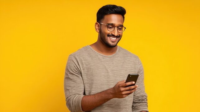 happy indian young man using cell phone isolated on yellow background smiling ethnic hipster guy holding smartphone playing game in app dating buying online in ecommerce store on cellphone vertical n