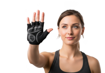 Young woman wearing a black fitness glove, raising her hand and touching a virtual screen, isolated on transparent background